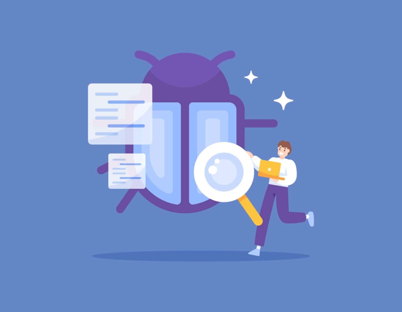 Bug,Hunter,Or,Bug,Bounty,Concept.,A,Software,Tester,Carries Een cartoonillustratie van een man met een vergrootglas die een gestileerd bugsymbool inspecteert, wat duidt op het debuggen van software of kwaliteitsborging.
