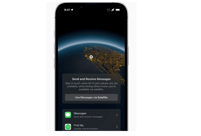 Apple16e-4nieuw Smartphonescherm met een satellietcommunicatiefunctie met een wereldbol op de achtergrond. Opties zijn onder andere "Berichten verzenden en ontvangen" en gebruik van "Berichten via satelliet".